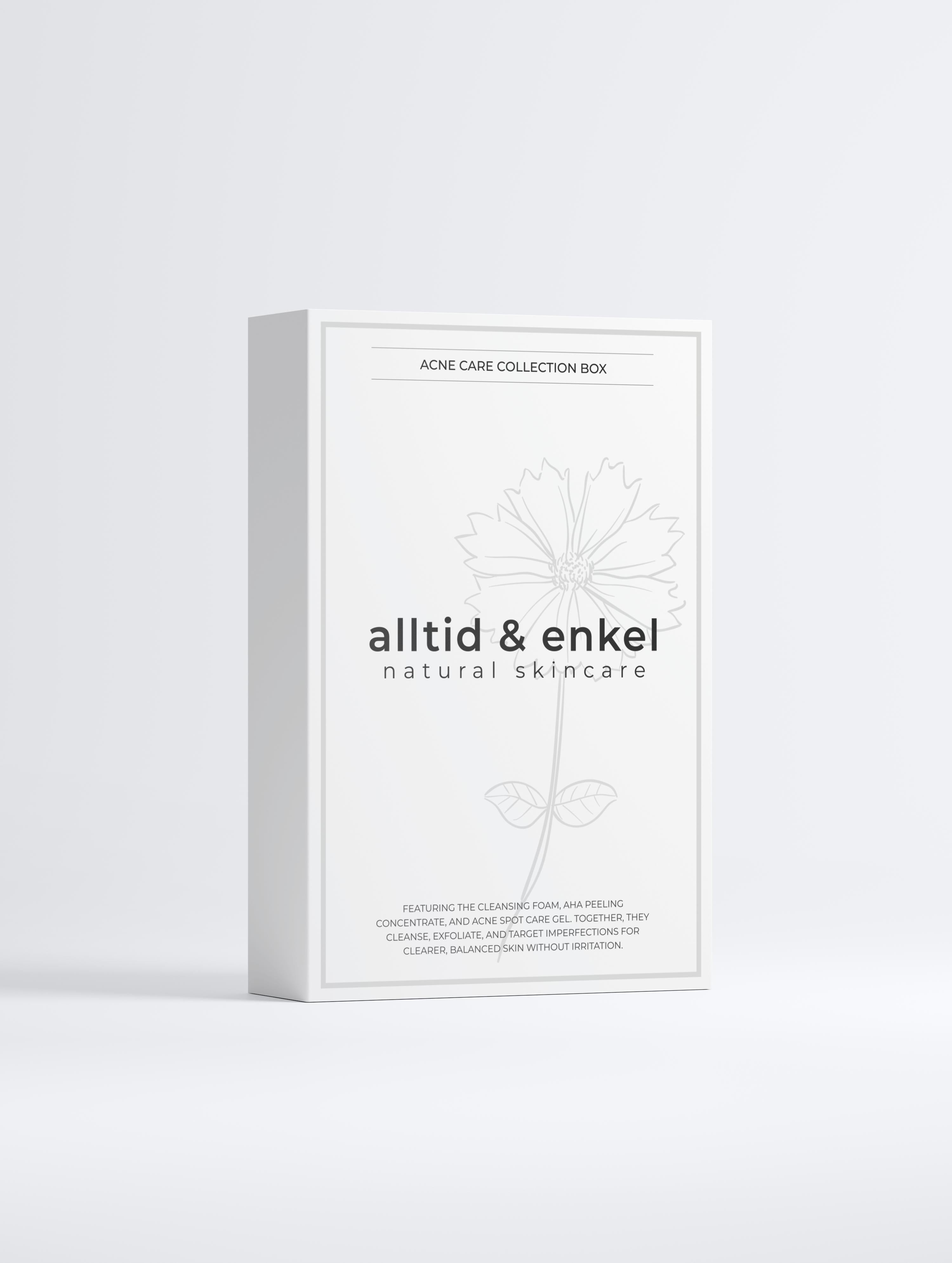 Box of natural skincare acne care collection on a white background from the front side.